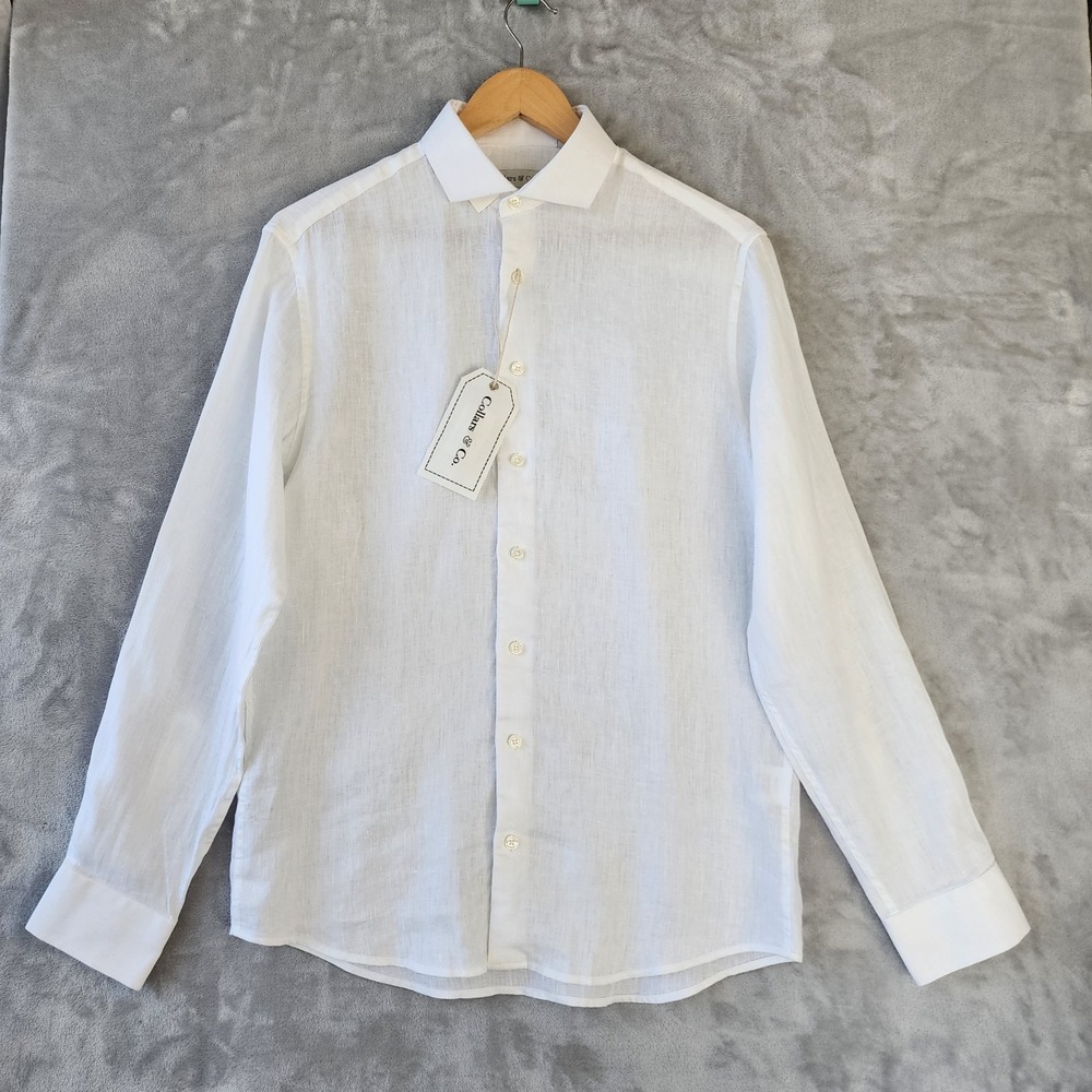 Collars & Co Linen Shirt Mens Size Small White Toscano Button Up 100% NEW NWT - Picture 2 of 9